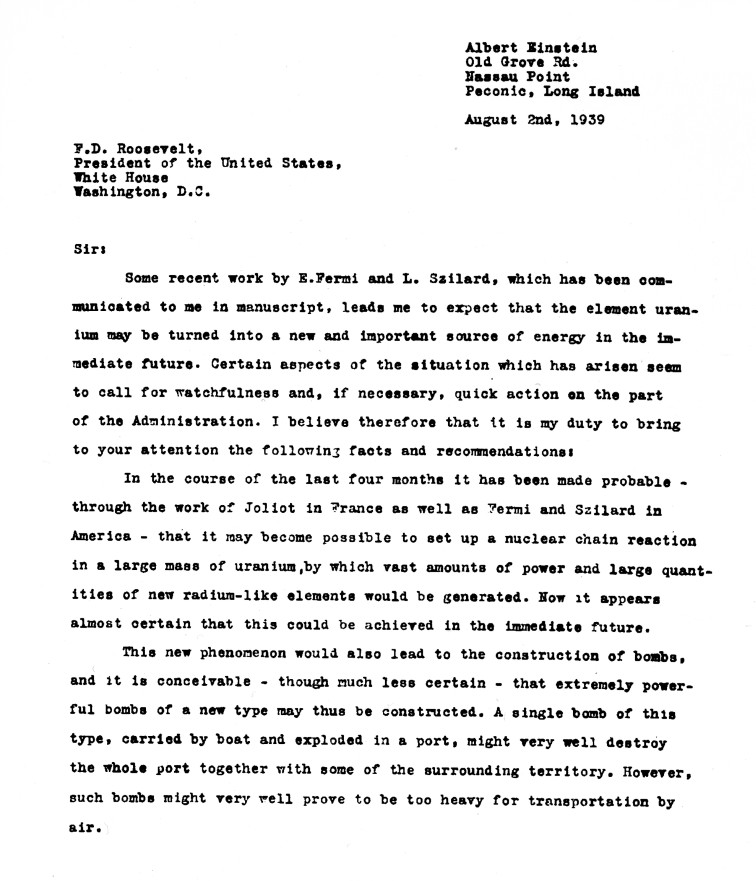 Letter to president Roosevelt drafted by physicist Leó Szilárd with assistance from Edward Teller and Eugene Wigner and then signed by Albert Einstein urging the development of nuclear energy, 2 Aug 1939, page 1 of 2