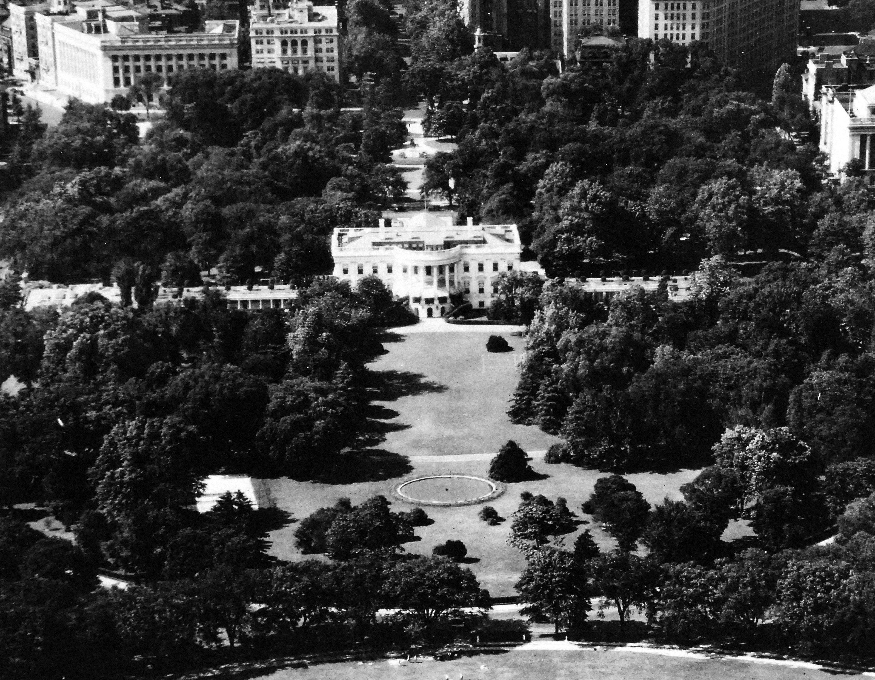 Aerial view of the White House, Washington DC, United States, 23 Oct 1940.