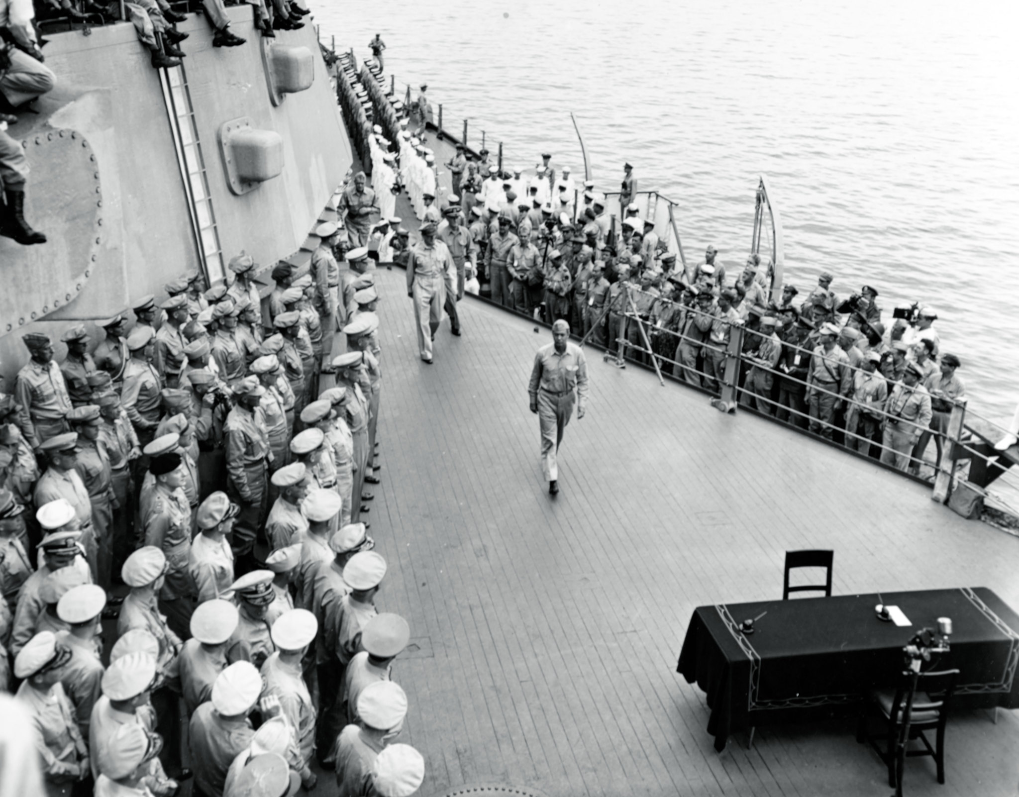 MacArthur and Nimitz aboard USS Missouri, 2 Sep 1945. Photo 1 of 3