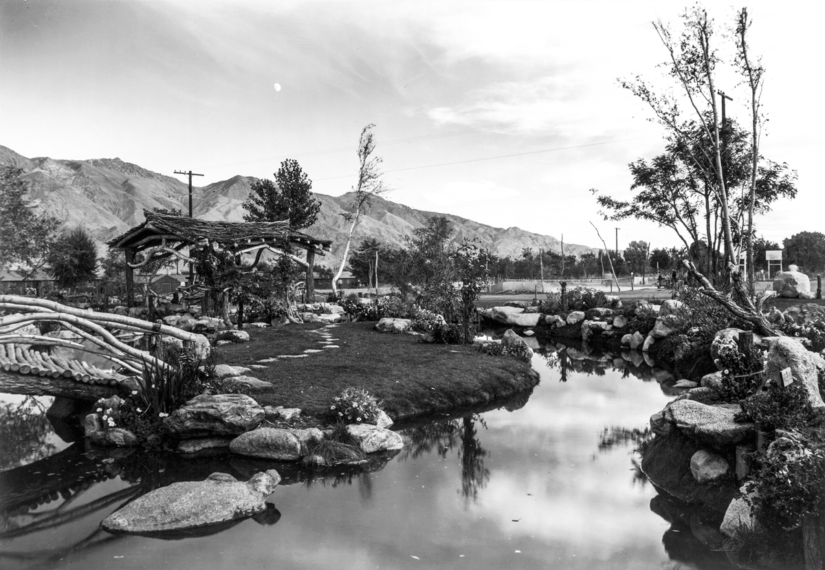 Japanese style tea garden in one of the recreation aeras at the Manzanar Relocation Center for deported Japanese-Americans, Inyo County, California, United States, 1943.