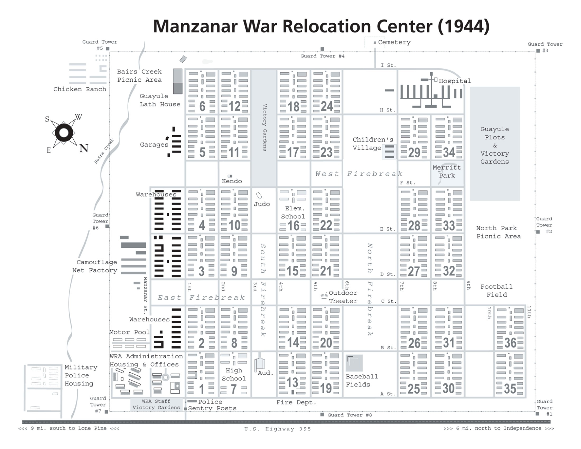 Diagram showing the layout of the Manzanar Relocation Center for deported Japanese-Americans, Inyo County, California, United States, 1944.