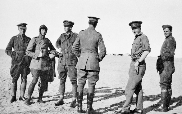 Officers of No. 1 Squadron, Australian Flying Corps in the Middle East, circa 1916; Captain Ross Smith, Major Allan Jones, Major Lawrence Wackett, Captain David Manwell, Lieutenant Alexander Macnaughton, Lieutenant Roy 'Peter' Drummond