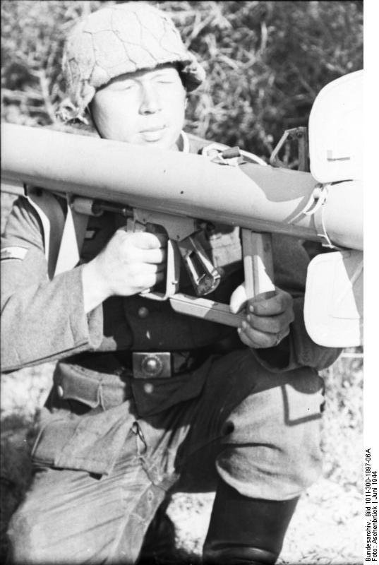 A German non-commissioned officer with a Panzerschreck weapon, France or Belgium, Jun 1944