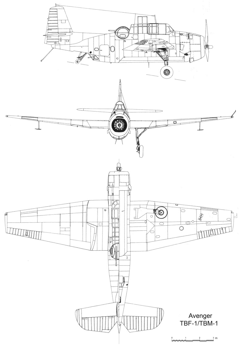 Line drawing of the Grumman TBF-1 Avenger torpedo bomber.