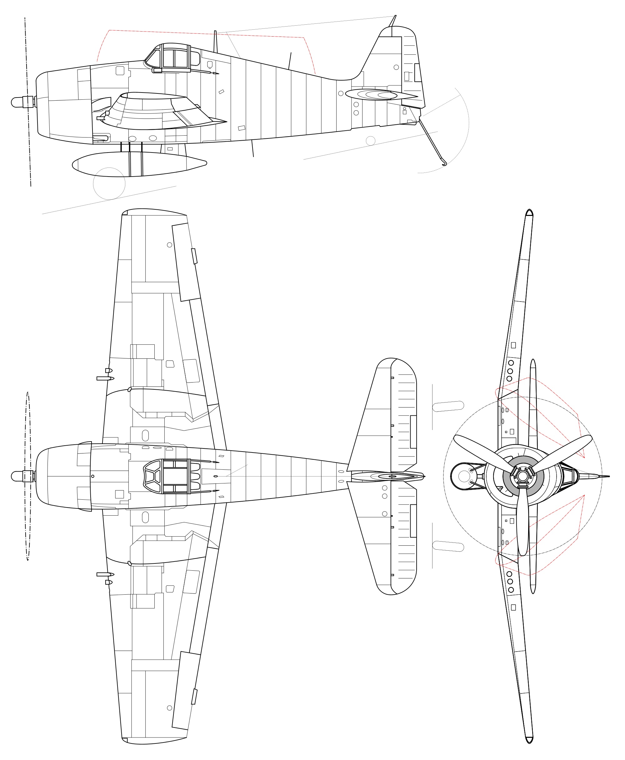 Line drawing of the Grumman F6F-5 Hellcat carrier-based fighter.