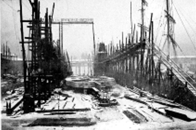A ship under construction in Slip I of Reiherstiegwerft yard, Hamburg, Germany, 1910