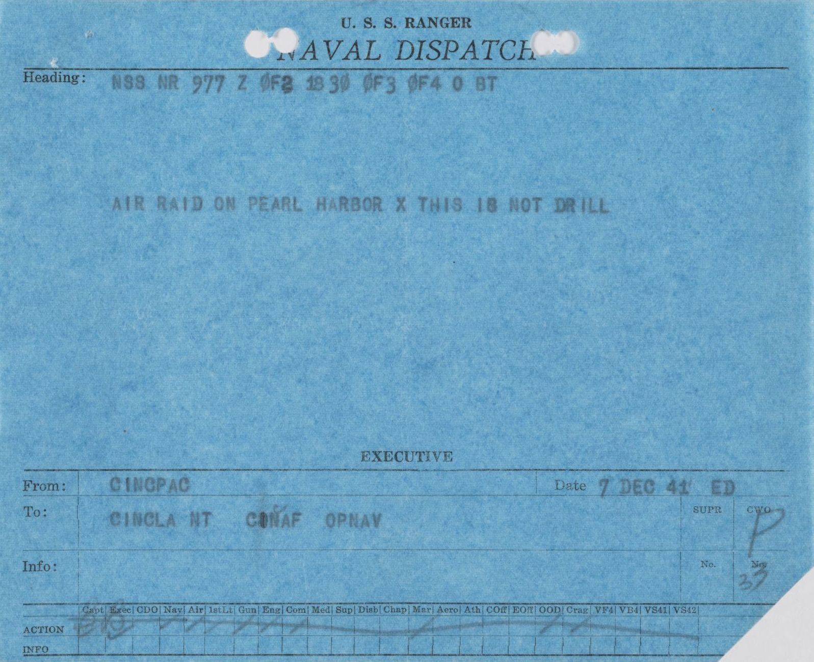 'AIR RAID ON PEARL HARBOR X THIS IS NOT DRILL' radio message received by USS Ranger, 7 Dec 1941. Ranger was in the Atlantic approaching Norfolk, Virginia at the time.