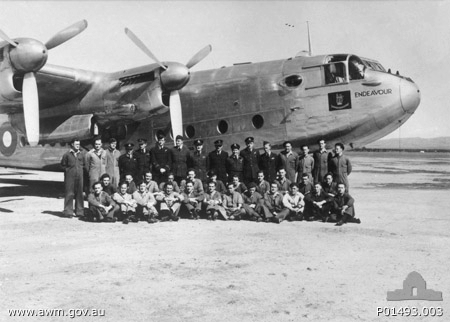 Group portrait of Australian Governor-General's flight with York aircraft 'Endeavour', RAAF Base Fairbairn, Canberra, Australia, Jun 1946