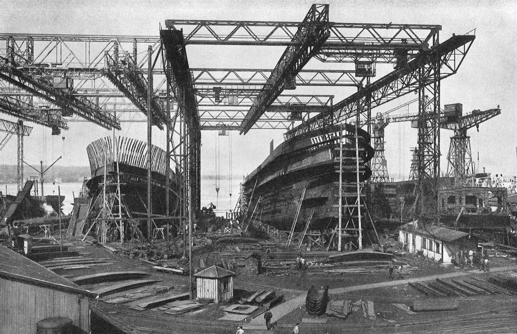 Merchant ships under construction, Howaldtswerke shipyard, Kiel, Germany, date unknown