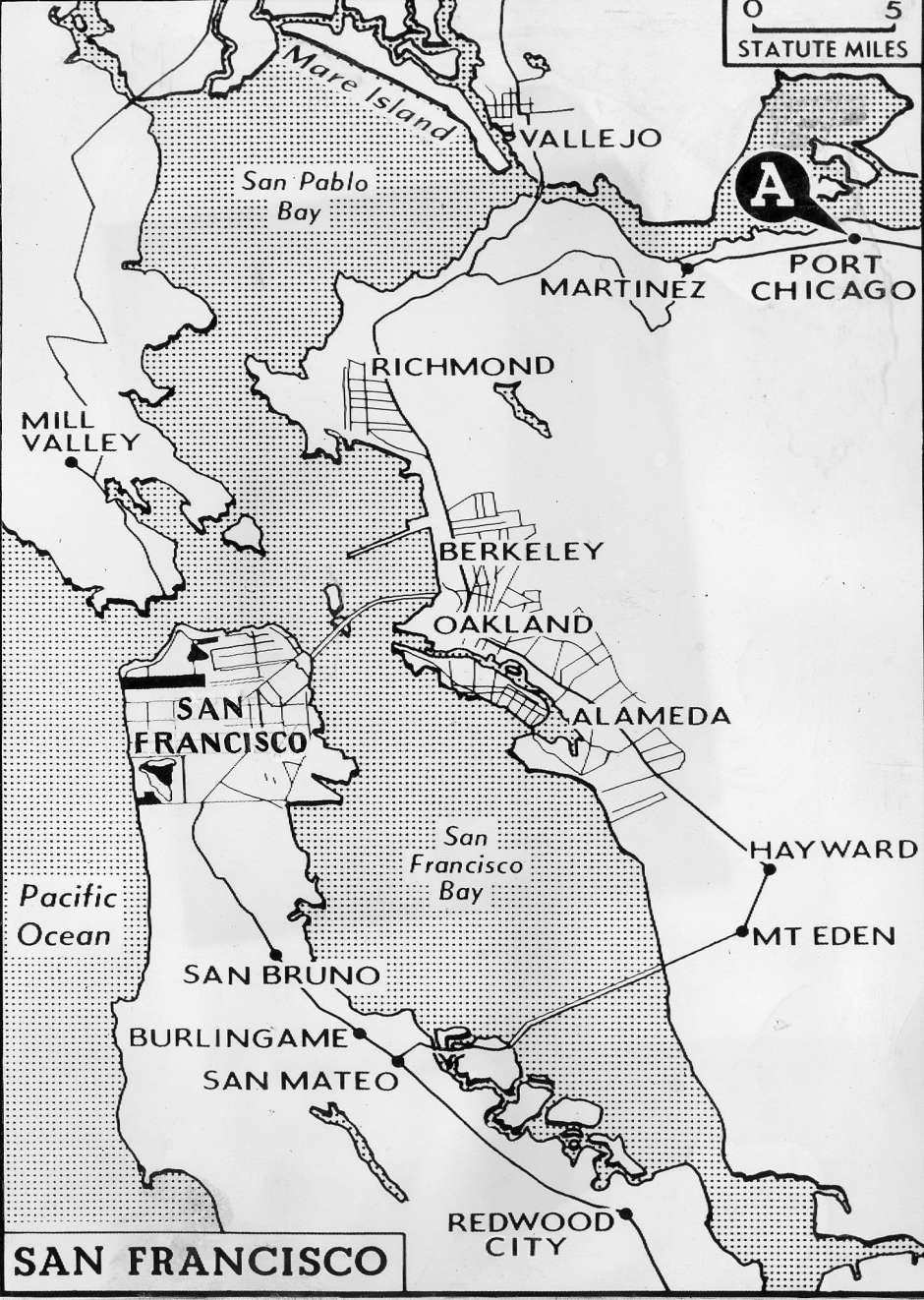 Map showing Port Chicago’s location within the greater San Francisco Bay, California, United States.