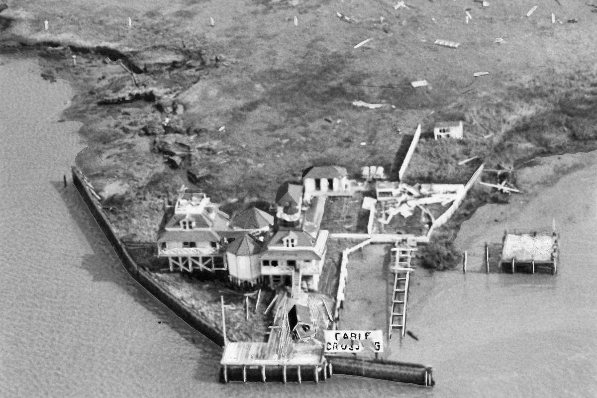 Roe Island lighthouse damaged by the Port Chicago explosion almost a mile away, Suisun Bay, California, United States, 17 Jul 1944. 18 Jul 1944 photo.