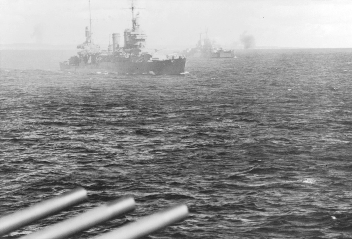 Cruisers USS New Orleans and St. Louis bombard Saipan in the Mariana Islands, 15 Jun 1944. Photo taken from USS Wichita.