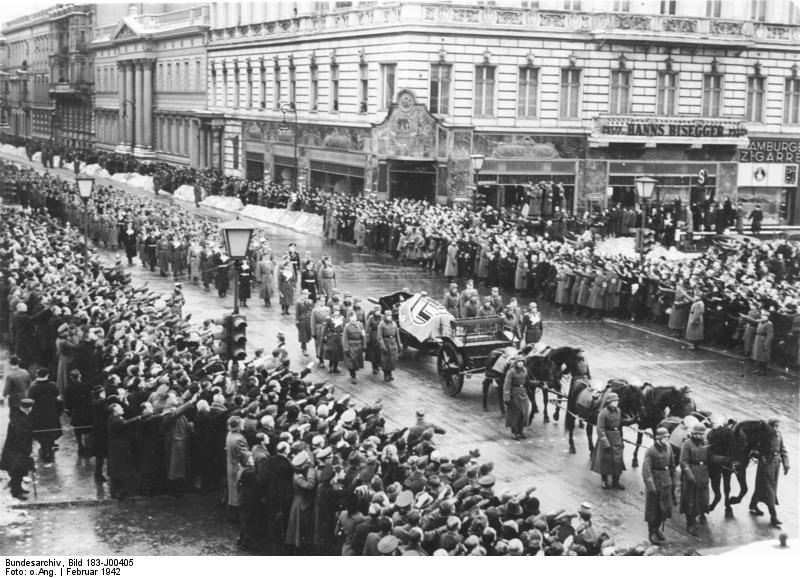 Funeral procession of Fritz Todt, Unter den Linden, Berlin, Germany, 12 Feb 1942; note Wilhelm Keitel, Erich Raeder, Erhard Milch immediate behind the gun carriage