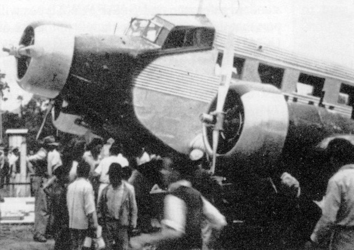 German built Junkers Ju-52 passenger airliner of the German owned Scadta Airline based in Columbia during a stop at Borinquen Field, Puerto Rico, 1939.