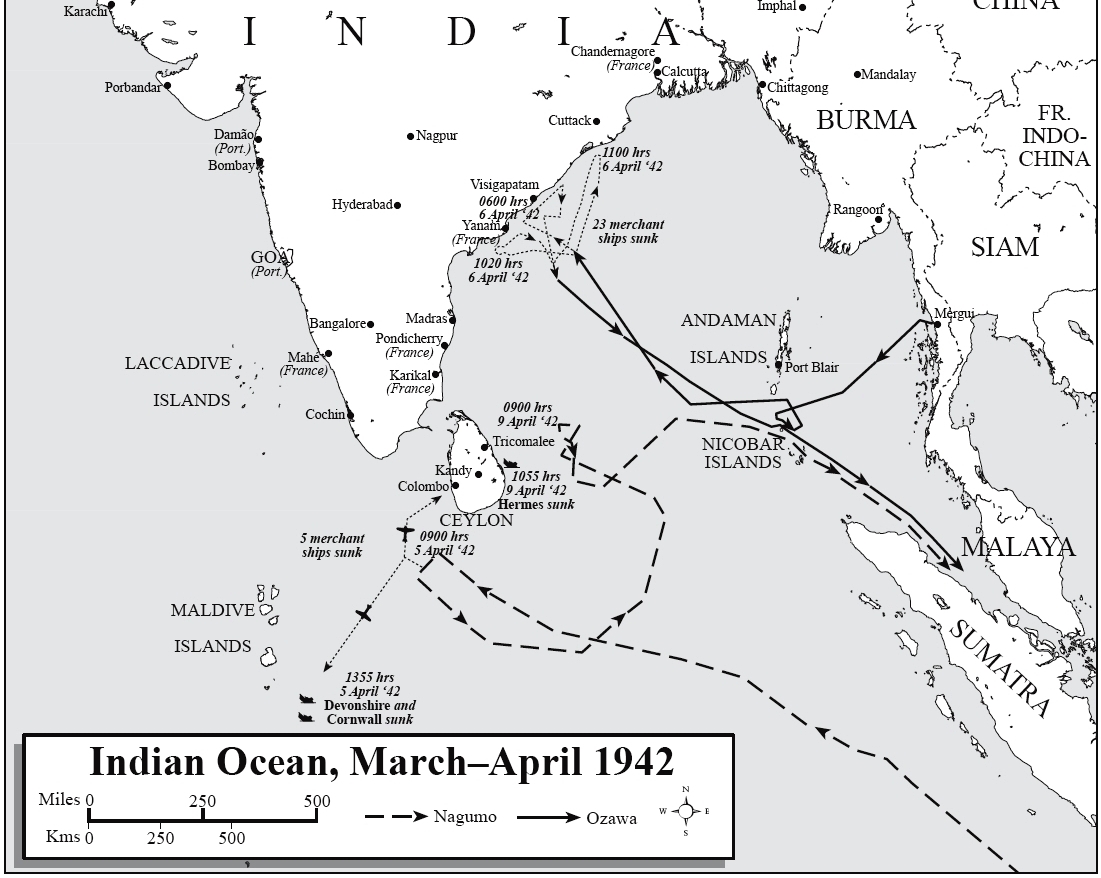 Map showing Nagumo’s and Ozawa’s movements during the Indian Ocean Raids of Apr 1942.