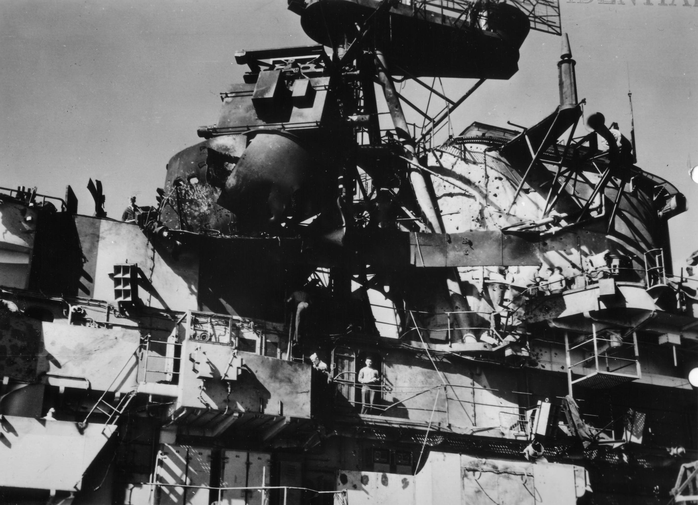 Photo taken at Puget Sound Naval Shipyard, Bremerton, Washington, United States, Feb 1945 showing island damage to USS Ticonderoga as the result of a direct hit by a special attack aircraft off Formosa (Taiwan).