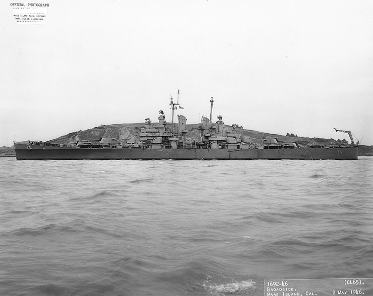 Cruiser USS Pasadena laying off Mare Island Naval Shipyard, 2 May 1946.