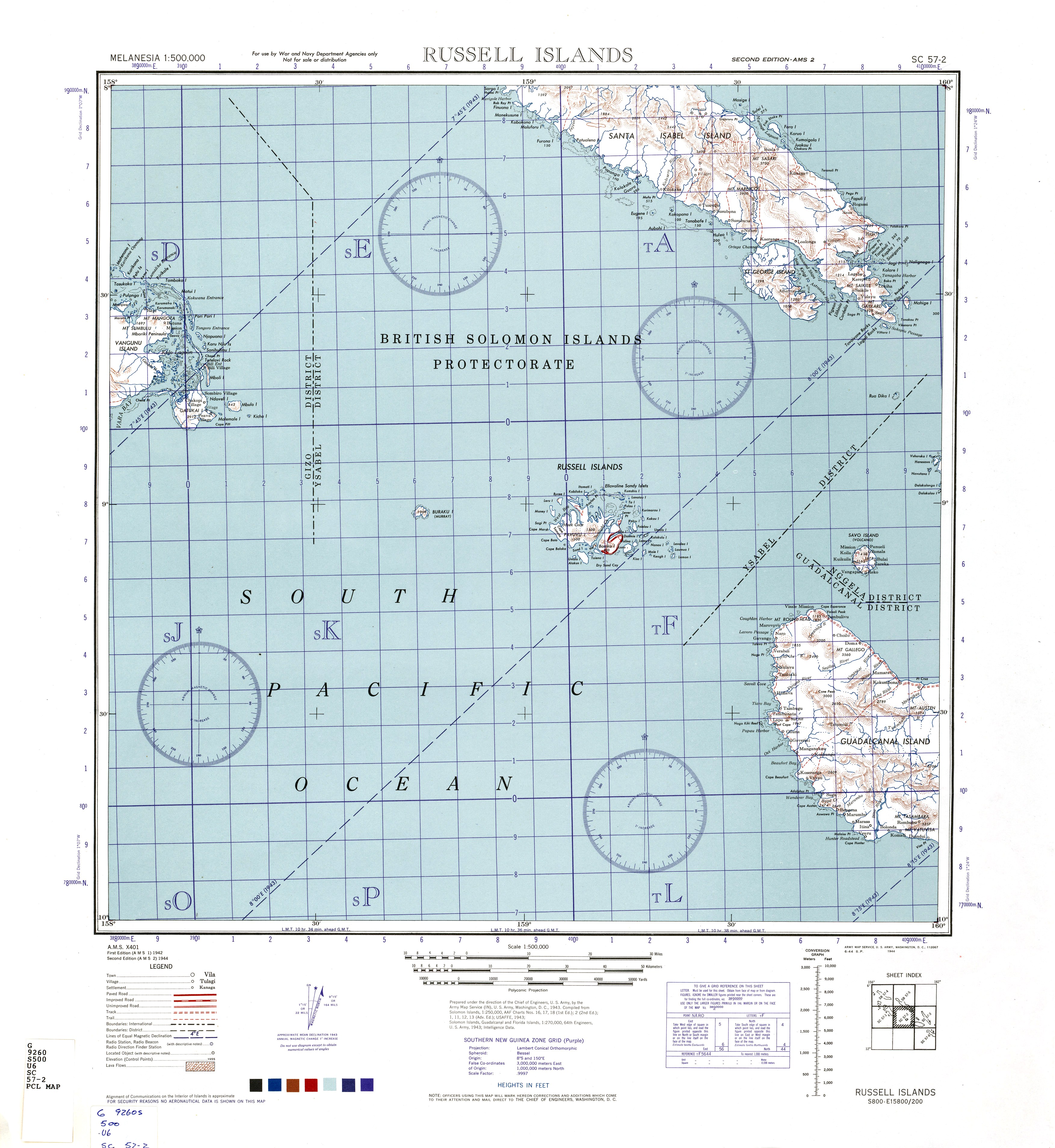 1943 United States Army map of western Guadalcanal and the Russel Islands in the Solomon chain.