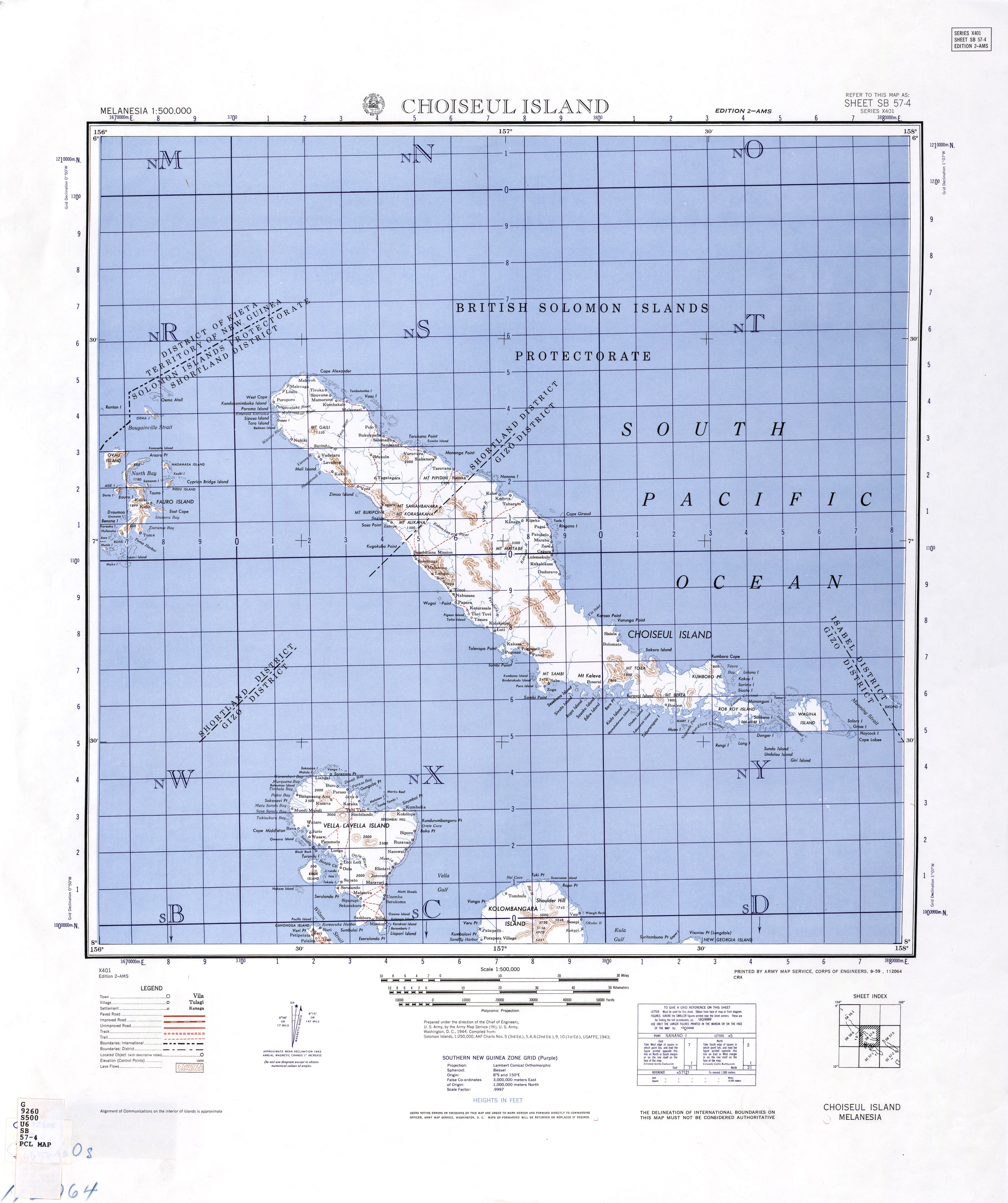 1944 United States Army map of Choiseul Island, the northernmost of the Solomon Islands.