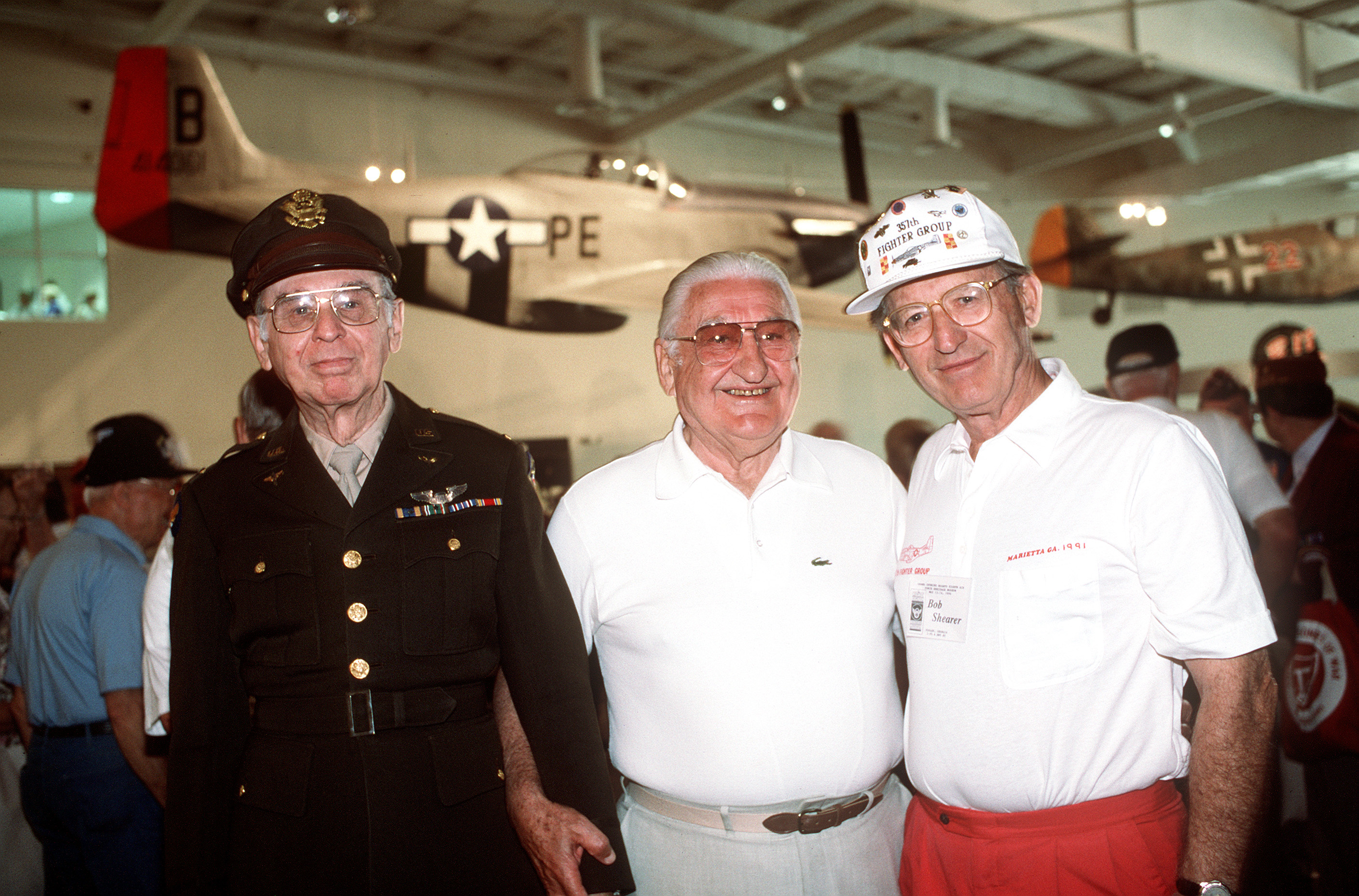Francis Gabreski (center) with two other 8th Air Force veterans, National Museum of the Mighty Eighth Air Force, Pooler, Georgia, United States, 14 May 1996