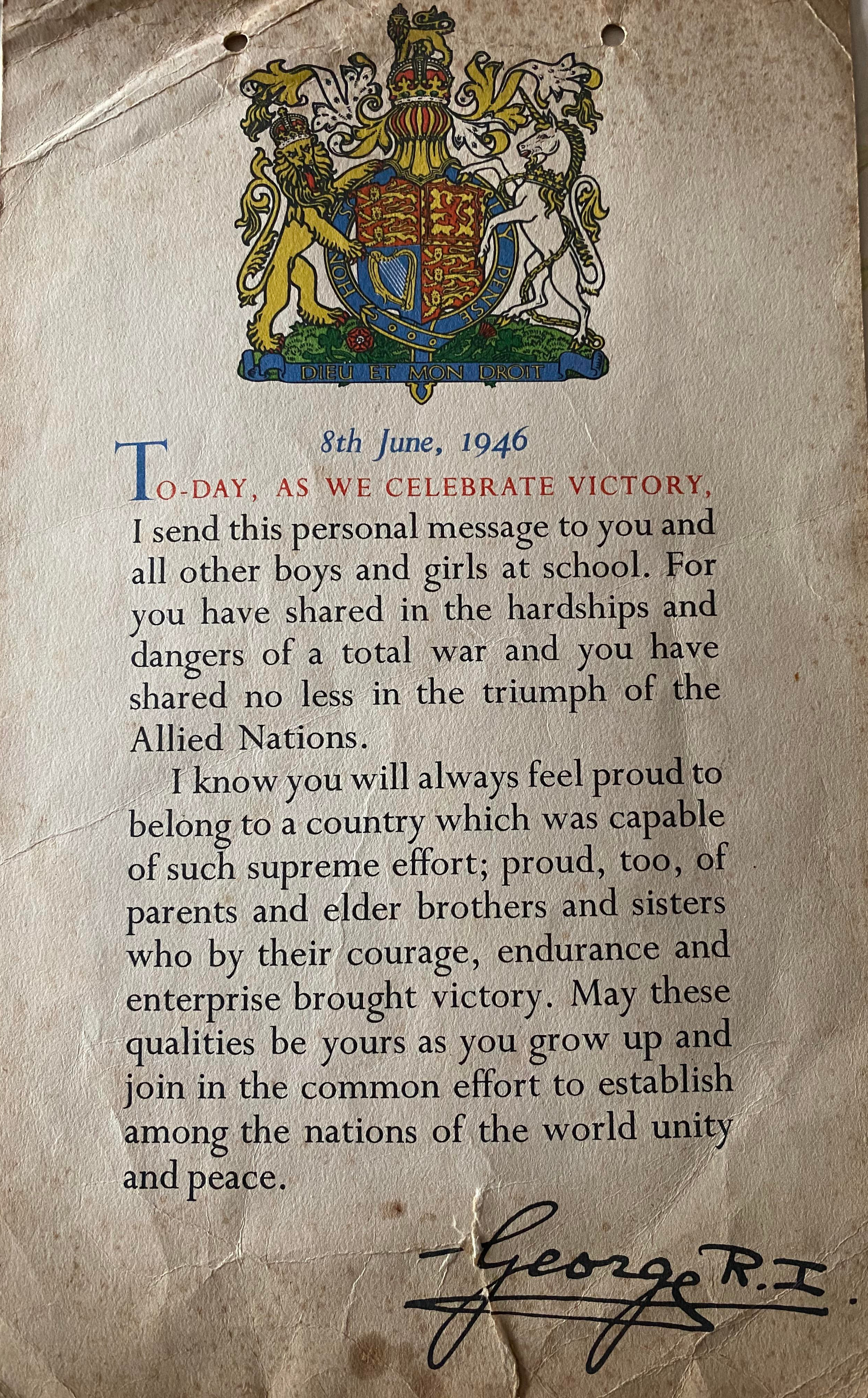 Message from King George VI of the United Kingdom to British children, 8 Jun 1946