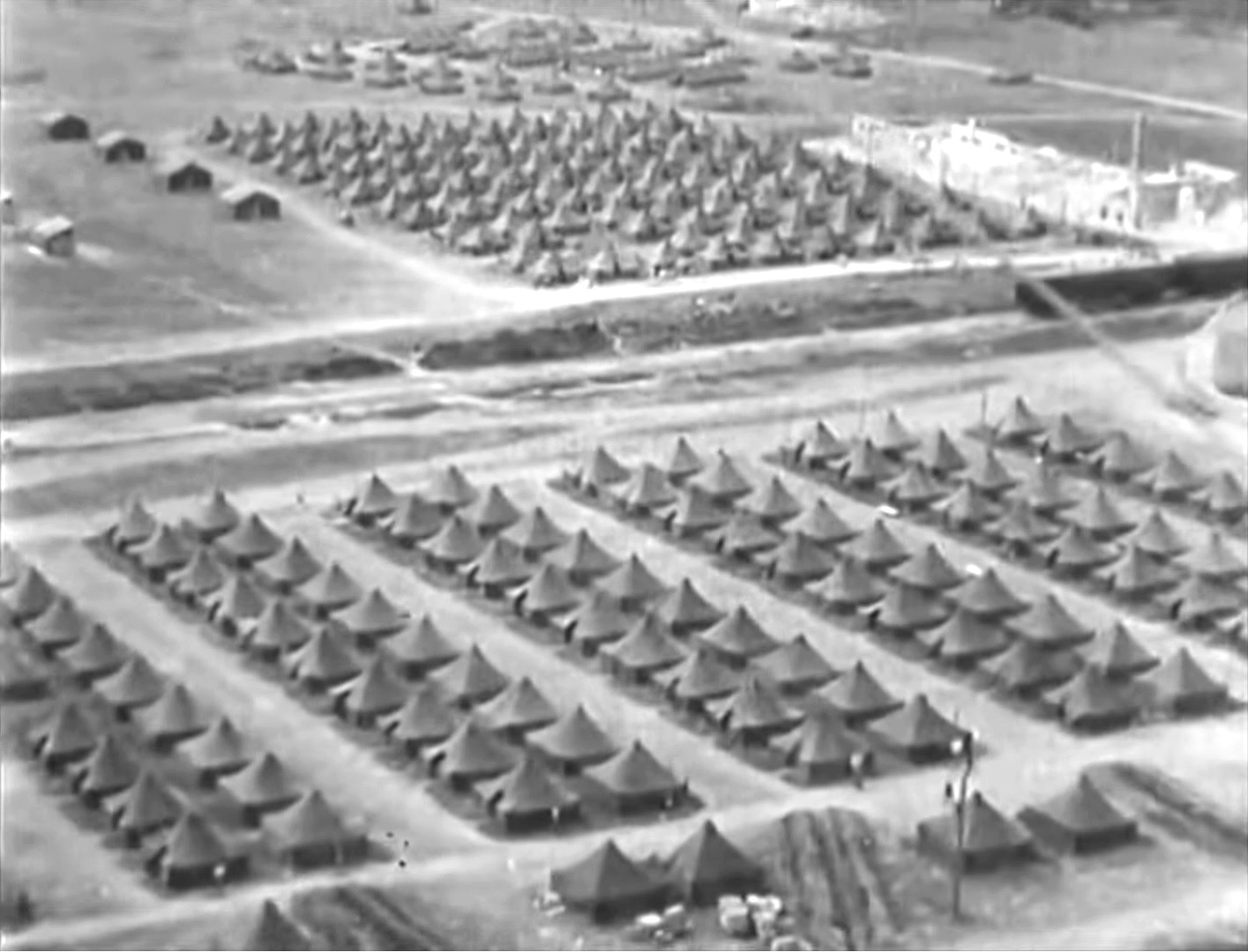 View of the Poltava tent city as seen from an arriving B-17 Fortress on an Operation Frantic mission, Poltava, Ukraine, summer 1944 (still image from an Army Signal Corps movie film).