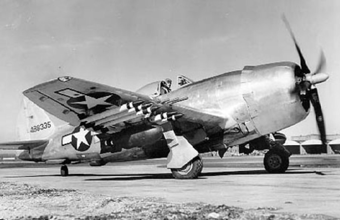 Republic P-47N Thunderbolt 44-88335 armed with HVAR air-to-surface rockets at the Wright Field Test Center, Dayton, Ohio, United States, mid-1944.