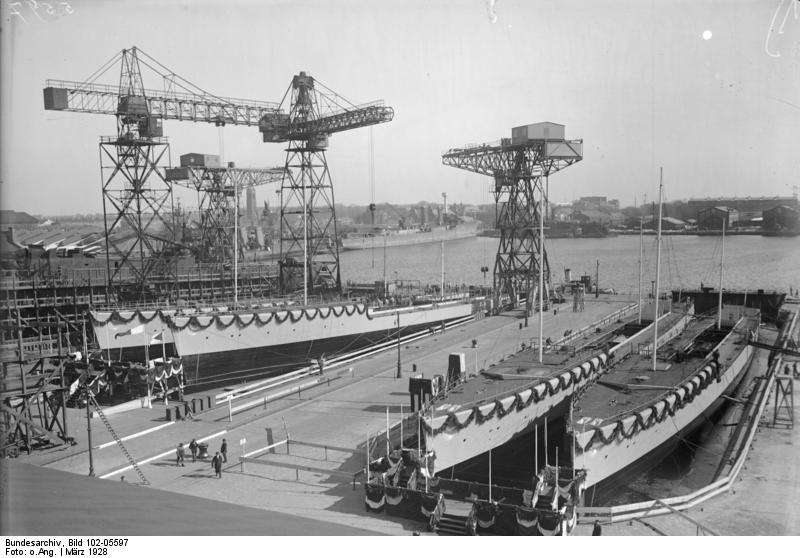 Launching ceremony of torpedo boats Tiger, Luchs, Jaguar, and Leopard at the Reichsmarinewerft facility in Wilhelmshaven, Germany, 15 Mar 1928