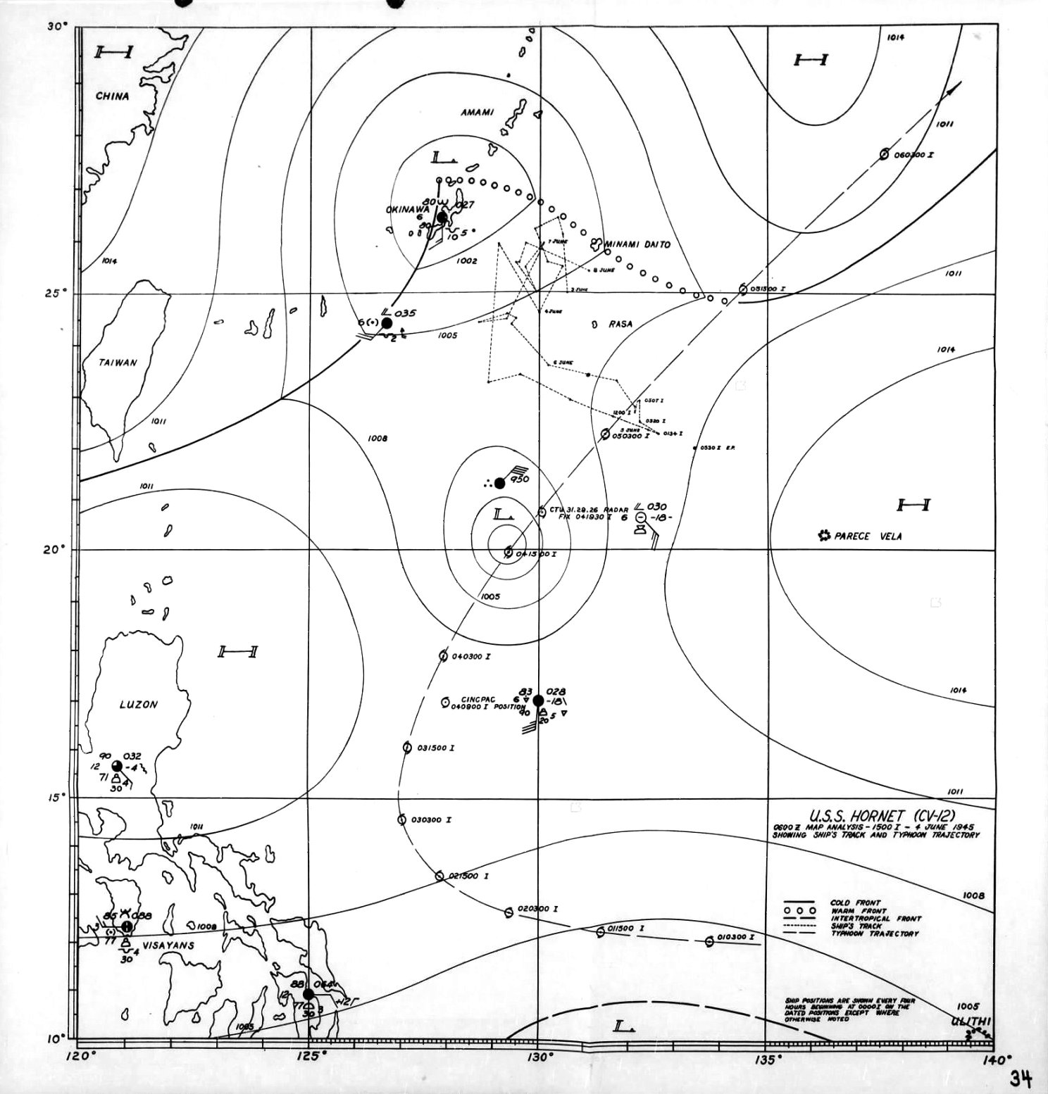Chart created aboard the USS Hornet (Essex-class) showing the state of the weather in the Philippine Sea at 1500/I on 4 Jun 1945 and showing Typhoon Connie’s track between 1 and 6 Jun 1945.