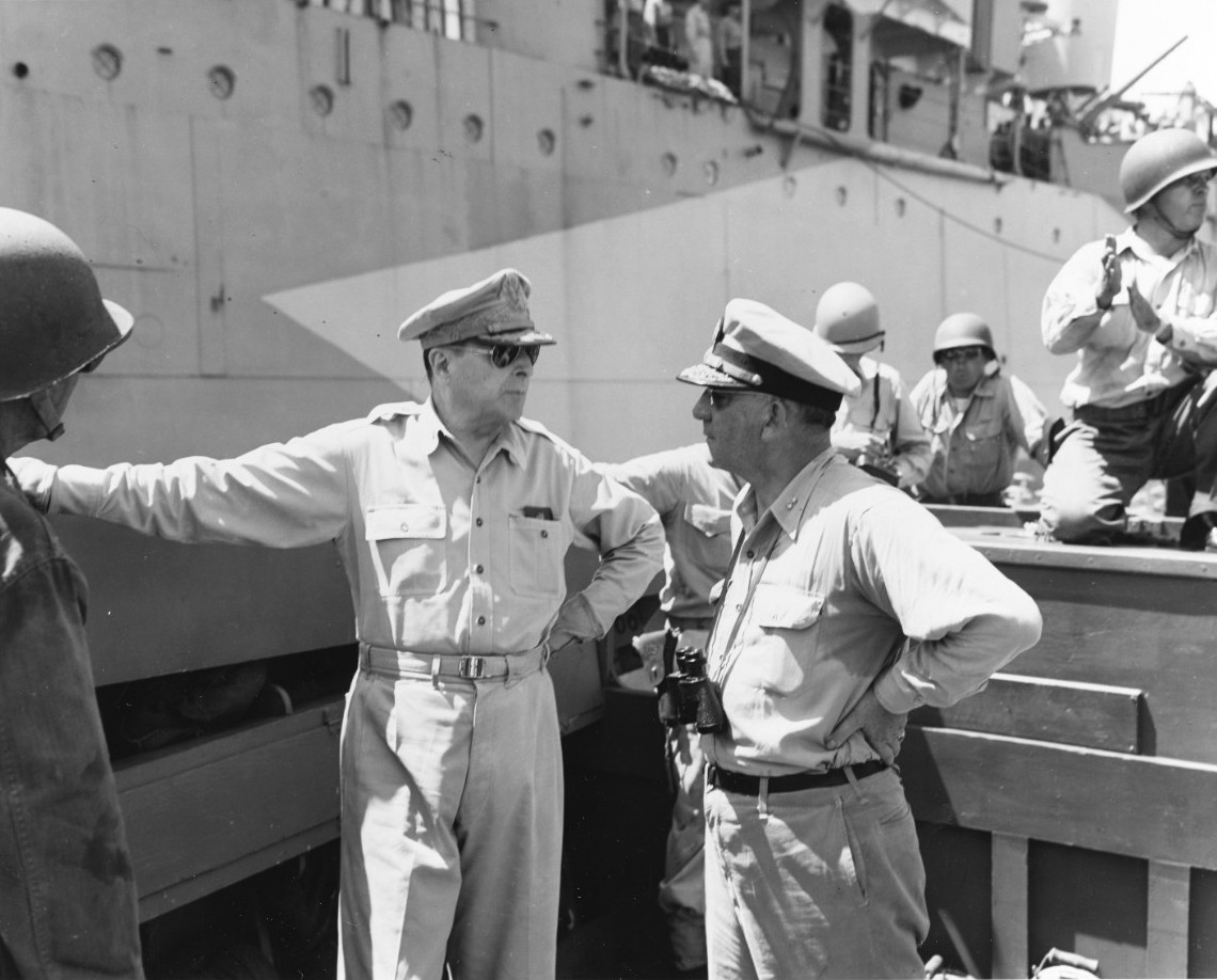 United States Army General Douglas MacArthur and Navy Rear Admiral Daniel Barbey leaving USS Nashville aboard an LCM to inspect the landing beaches on Morotai, 15 Sep 1944.