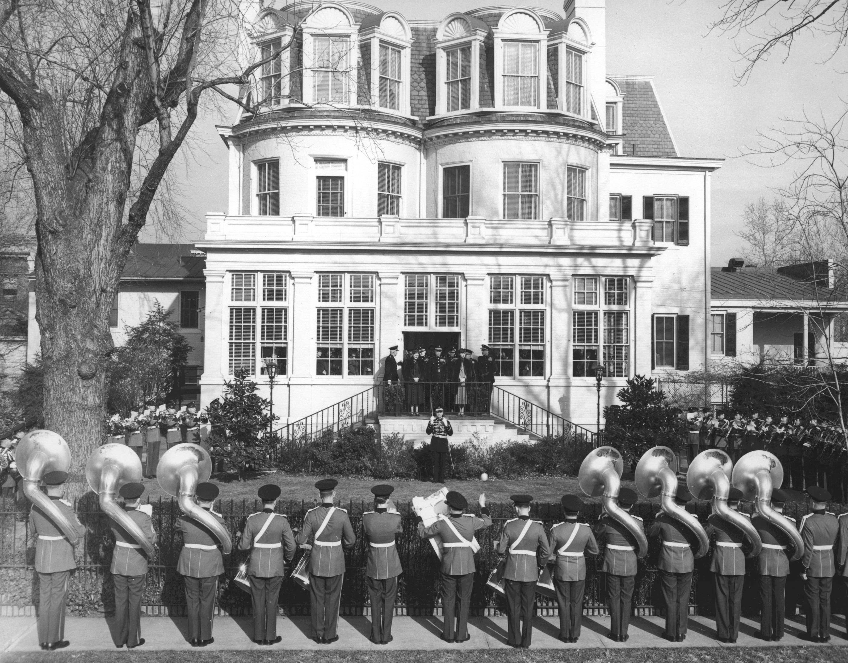 US Marine Corps Band, directed by Major William Santleman, playing for Commandant Clifton Cates, Washington DC, United States, 1 Jan 1951