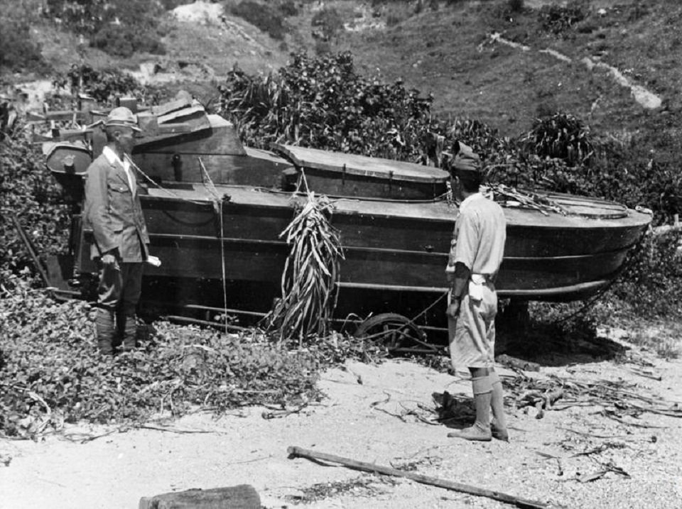 Japanese Shinyo-class suicide boat seized by the British at Picnic Bay, Honk Kong after the war ended, Sep 1945.