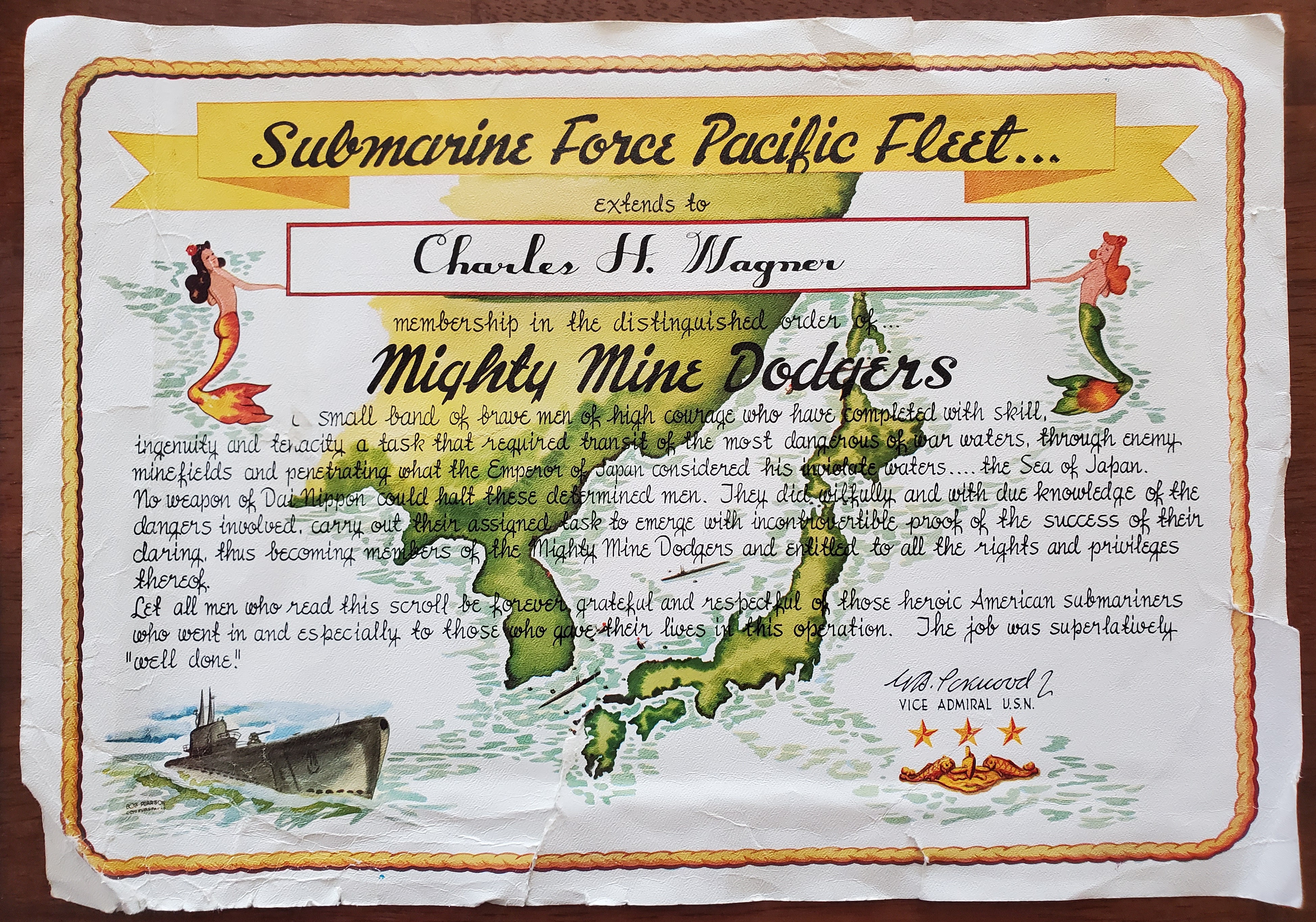 Certificate for the Distinguished Order of the Mighty Mine Dodgers issued to all officers and men of the eight returning submarines from the dangerous passage into and out of the Sea of Japan, May and Jun 1945.