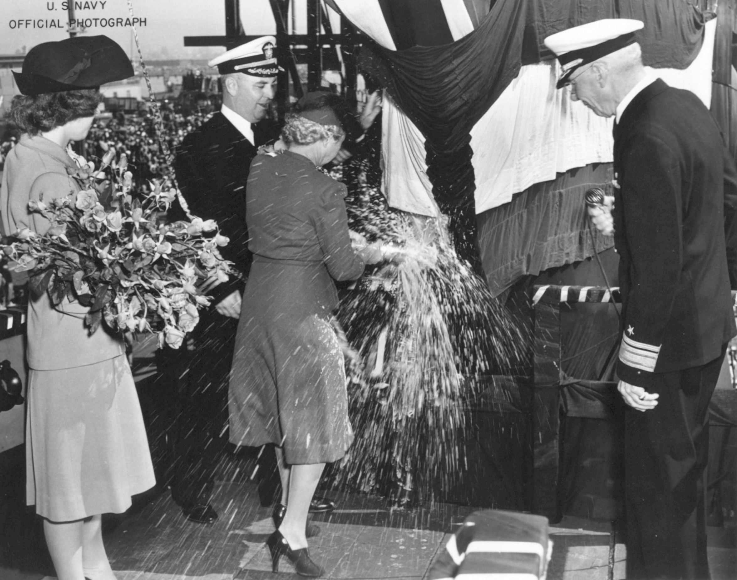 Submarine Tinosa being christened by sponsor Mrs. Katharine Malloy, wife of Captain William Molloy, at Mare Island Navy Yard, Vallejo, California, United States, 7 Oct 1942.