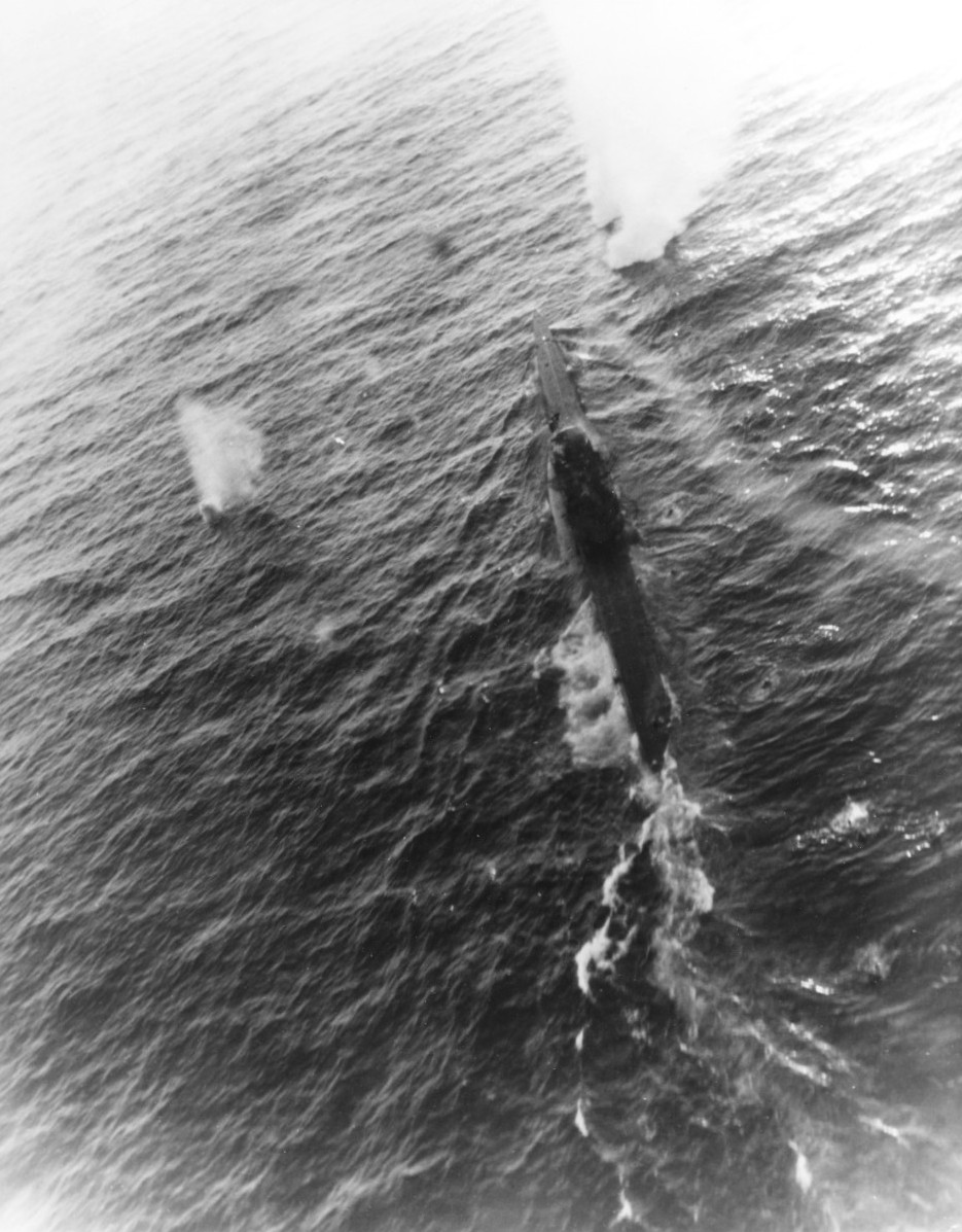 German submarine U-575 under attack by Lt Donald Pattie from Composite Squadron VC-95 flying from USS Bogue, 13 Mar 1944. U-575 was sunk in this prolonged attack.