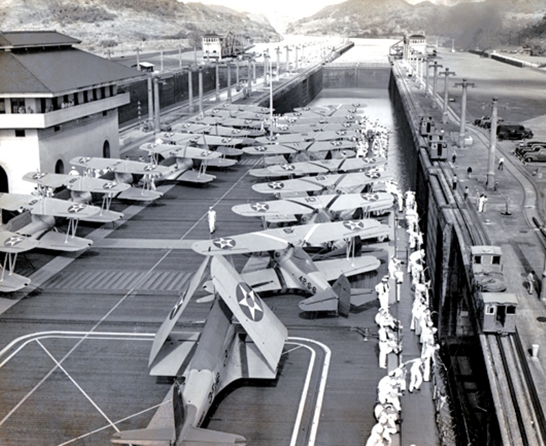 USS Ranger entering the Miraflores Locks at the Panama Canal, 13 Jan 1939.