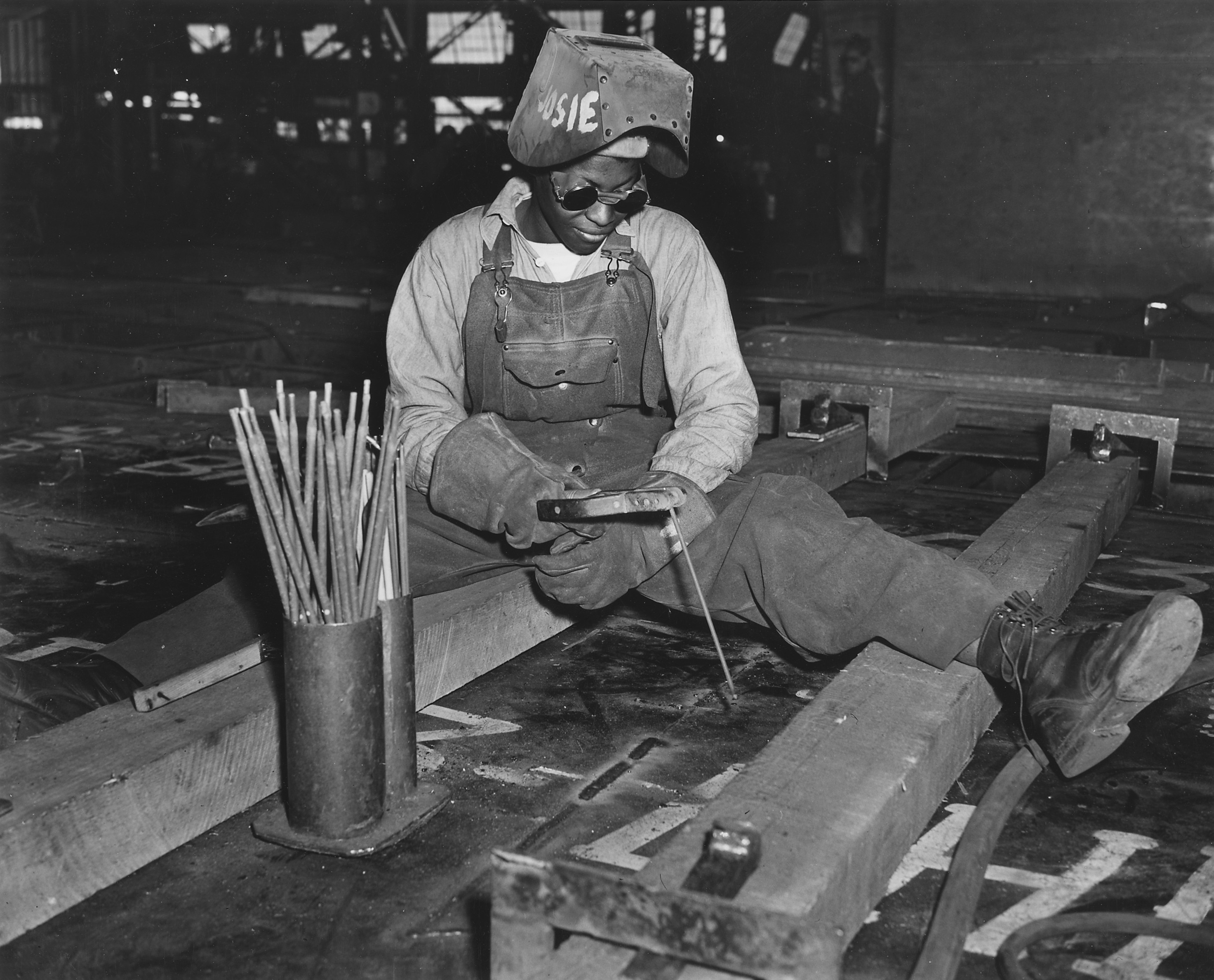 Welder trainee Josie Lucille Owens working on the Liberty ship George Washington Carver, Kaiser Richmond No. 1 Yard, Richmond, California, United States, Apr 1943
