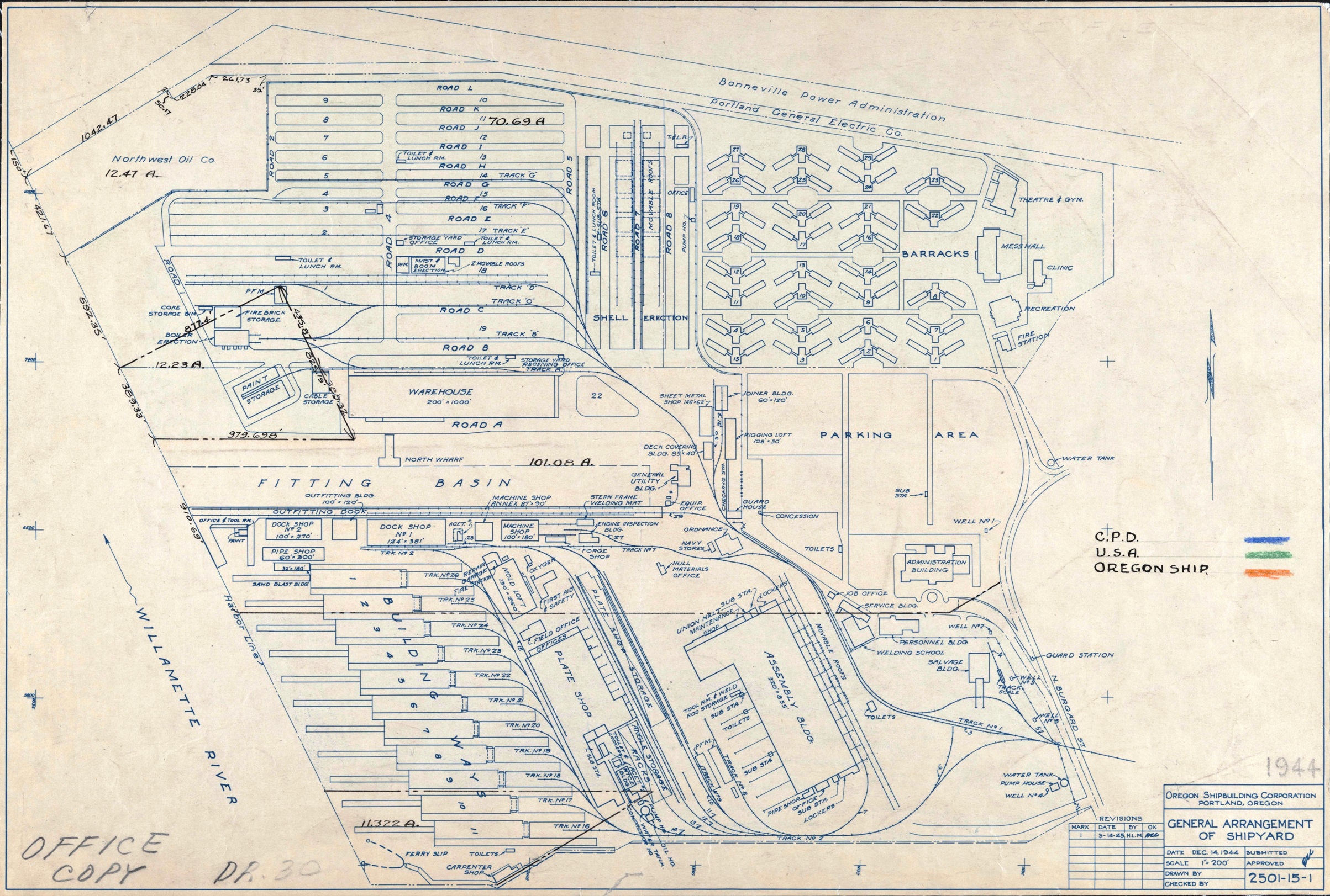 Mar 1945 map showing the general arrangement of the Kaiser Oregon Shipbuilding Corporation yard, Portland, Oregon, United States.