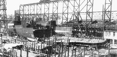 A ship under construction at Friedrich Krupp Germaniawerft, Kiel, Germany, circa 1930