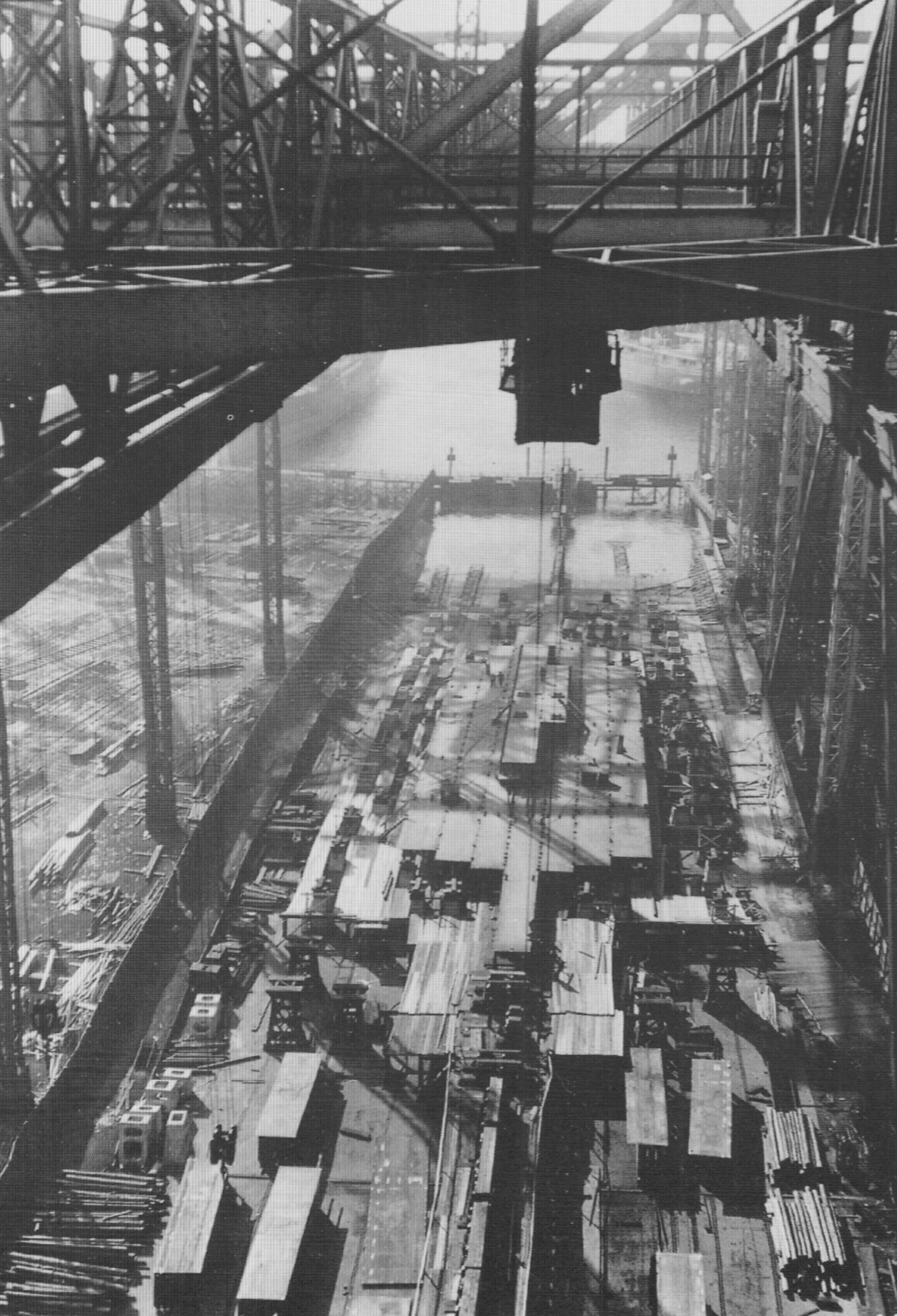 A ship under construction at Vulcan/Howaldtswerke shipyard, Hamburg, Germany, circa 1930