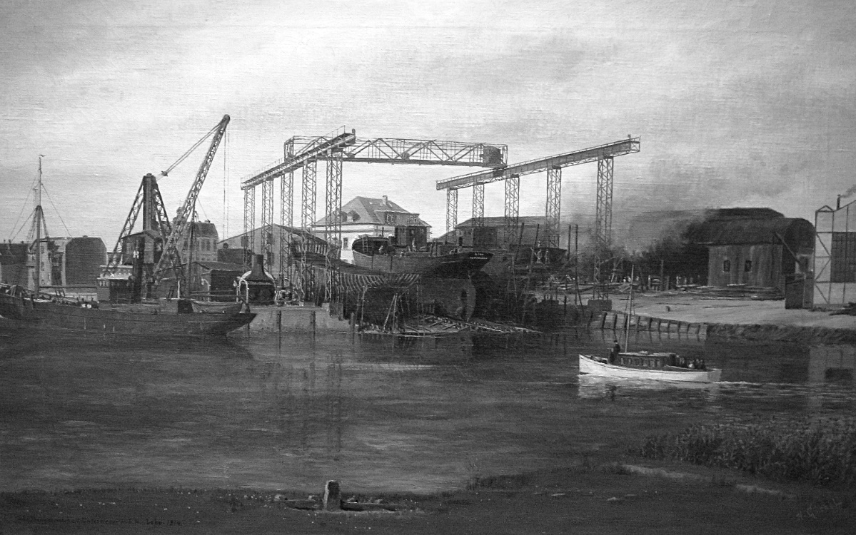 Painting of Unterweser shipyard of Bremerhaven, Germany showing the awning over two slips and workshops in the background, 1914