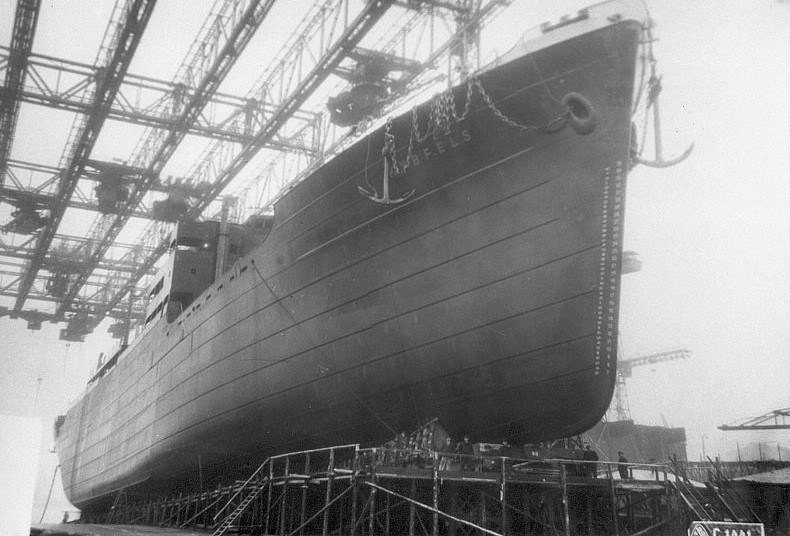 Launching of cargo ship Kybfels, Deschimag shipyard, Bremen, Germany, 24 Mar 1937, photo 1 of 2