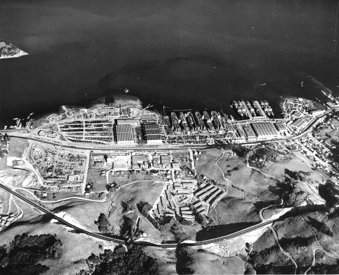 Aerial view of the Marinship Shipbuilding yard, Sausalito, California, United States, 6 Dec 1944. Note the six tankers under construction on the ways and six others being fitted out at the piers. Photo 1 of 5.