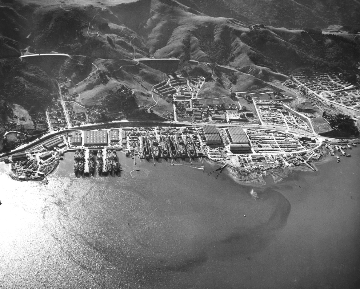 Aerial view of the Marinship Shipbuilding yard, Sausalito, California, United States, 6 Dec 1944. Note the six tankers under construction on the ways and six others being fitted out at the piers. Photo 4 of 5.