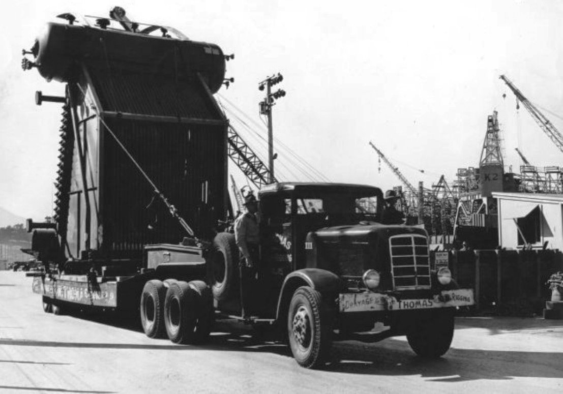 A ship’s boiler being delivered to the Marinship yard, Sausalito, California, United States, circa 1944. Boilers were made on the San Francisco Peninsula and trucked across the Golden Gate Bridge to Marinship.