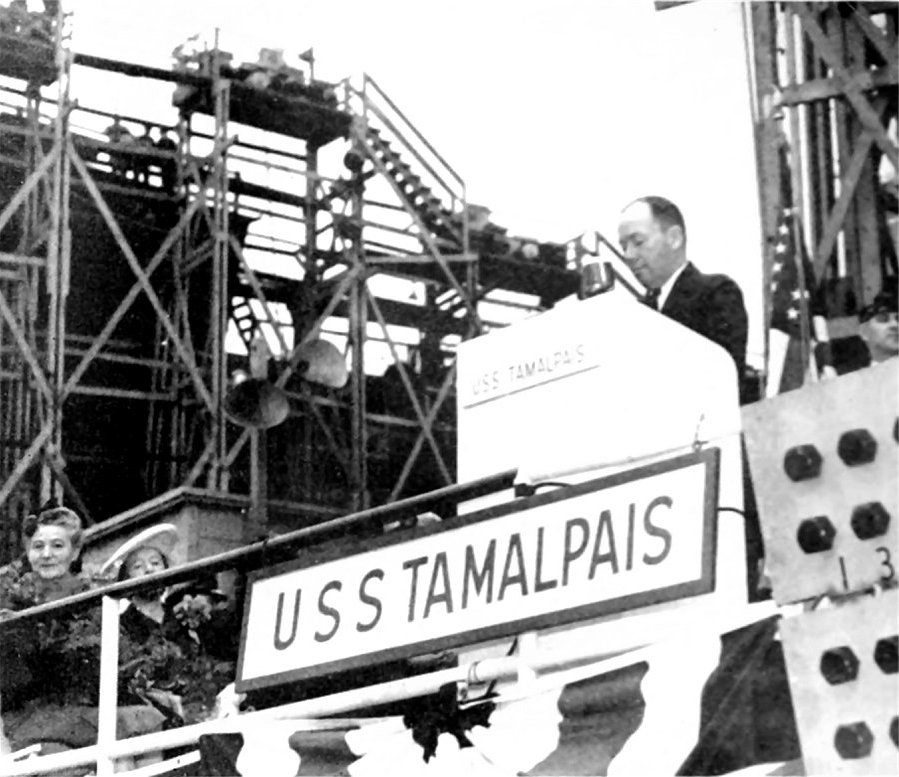 Marinship Yard vice-president and general manager William E. Waste offering dignitary remarks during the christening of yard flagship Tamalpais, 29 Oct 1944, Sausalito, California, United States.