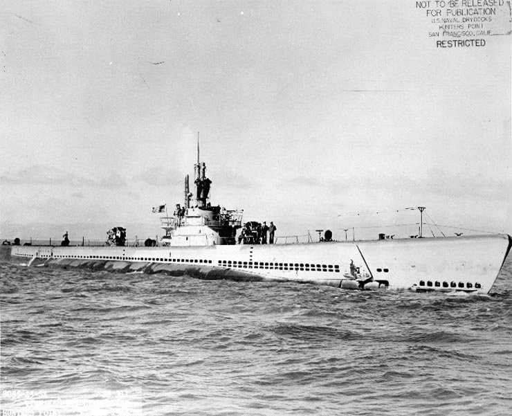 USS Archerfish off Hunter's Point Naval Drydocks, San Francisco, California, United States, 5 Jun 1945