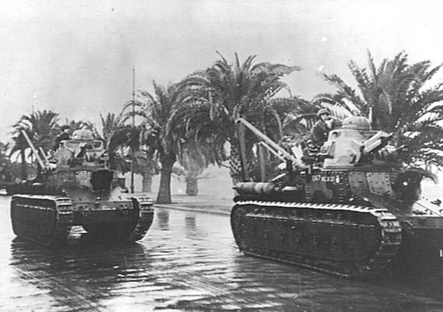 Char D1 light tanks in a parade of Allied forces, Tunisia, 7 May 1943
