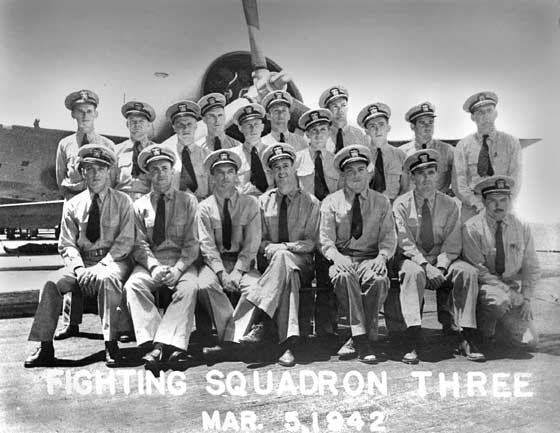 Fighting Squadron Three (VF-3), March 5, 1942. Standing, L to R: Mason, Clark, Sellstrom, Eder, Johnson, Lackey, Haynes, Stanley, Peterson, Dufilho, Lemmon. Sitting: Morgan, Vorse, Lovelace, Thach, Gayler, O'Hare, Rowell.