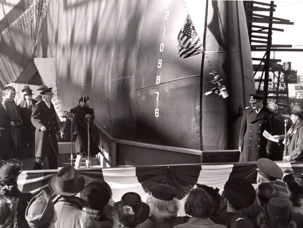 Essex-class carrier Ticonderoga in her first attempt to be christened (the bottle missed), Newport News, Virginia, United States, 7 Feb 1944. Sponsor was Miss Stephanie Sarah Pell of Ticonderoga, New York.